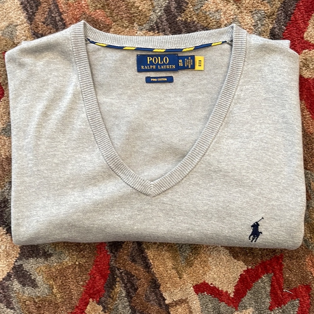 RALPH LAUREN POLO MENS PIMA COTTON V NECK LONG SLEEVE HEATHER GREY SWEATER - Picture 6 of 8